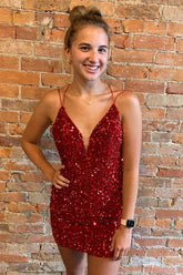 Red Homecoming Dresses Criss-Cross Straps Sequin Tight Short Hoco Dresses