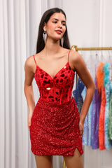 Red Homecoming Dresses Glitter Corset Sequin Tight Short Mirror Cocktail Dresses