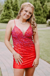 Red Homecoming Dresses Open Back Sequin Tight Cocktail Dresses