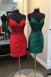 Red Homecoming Dresses Sequin Corset Tight Cocktail Dresses with Lace
