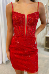 Red Homecoming Dresses Sequin Corset Tight Short Lace Cocktail Dresses