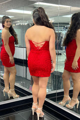 Red Homecoming Dresses Strapless Tight Short Cocktail Dresses with Lace