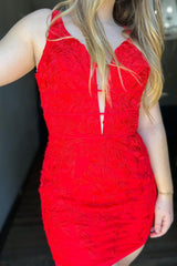 Red Homecoming Dresses V-Neck Lace Tight Short Cocktail Dresses