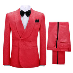 Red Jacquard Double Breasted Shawl Lapel Wedding Suit