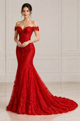 Red Lace Mermaid Wedding Dress with Off Shoulder Straps and Corset Bodice