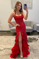 Red Mermaid Halter Prom Dress With High Slit And Tiered Ruffle Skirt Formal Evening Gown