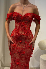 Red Off-Shoulder Lace Mermaid Prom Dress With Floral Appliques Formal Evening Gown