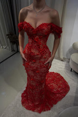 Red Off-Shoulder Lace Mermaid Prom Dress With Floral Appliques Formal Evening Gown