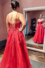 Red Prom Dress A Line Corset Lace Long Evening Dress