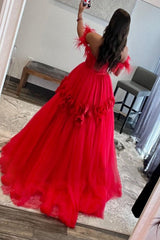 Red Prom Dress A Line Corset Long Evening Dress with 3D Flowers