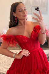 Red Prom Dress A Line Corset Long Evening Dress with 3D Flowers