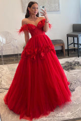 Red Prom Dress A Line Corset Long Evening Dress with 3D Flowers