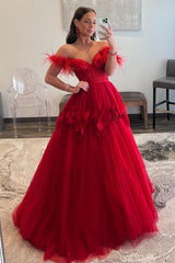 Red Prom Dress A Line Corset Long Evening Dress with 3D Flowers