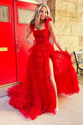 Red Prom Dress A Line Corset Long Tulle Tiered Evening Dress with Slit