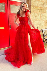 Red Prom Dress A Line Corset Long Tulle Tiered Evening Dress with Slit
