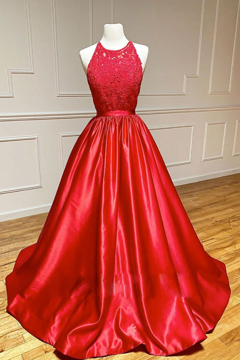 Red Prom Dress A Line Satin Long Formal Gown Evening Dress