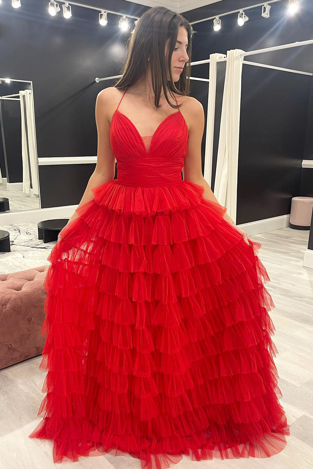 Red Prom Dress A Line Spaghetti Straps Long Tiered Evening Dress