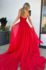 Red Prom Dress A Line Strapless Long Evening Dress with Slit