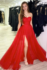 Red Prom Dress A Line Tulle Long Evening Dress