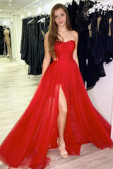 Red Prom Dress A Line Tulle Long Evening Dress