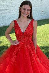 Red Prom Dress A Line V Neck Long Evening Dress With Appliques