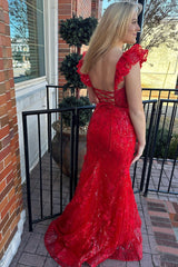 Red Prom Dress Appliques Sweetheart Collar Mermaid Long Evening Dress