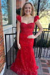 Red Prom Dress Appliques Sweetheart Collar Mermaid Long Evening Dress