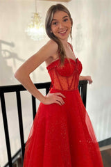 Red Prom Dress Beaded A Line Formal Evening Dress with Split