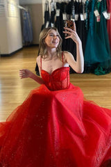 Red Prom Dress Beaded A Line Formal Evening Dress with Split