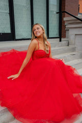 Red Prom Dress Beaded A Line Formal Evening Dress with Split