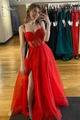 Red Prom Dress Beaded A Line Formal Evening Dress with Split