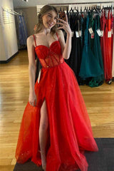 Red Prom Dress Beaded A Line Formal Evening Dress with Split