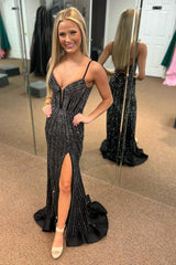 Red Prom Dress Beaded Corset Long Evening Dress with Slit