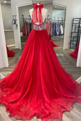 Red Prom Dress Beaded Halter Backless A Line Prom Dress Long Evening Dress