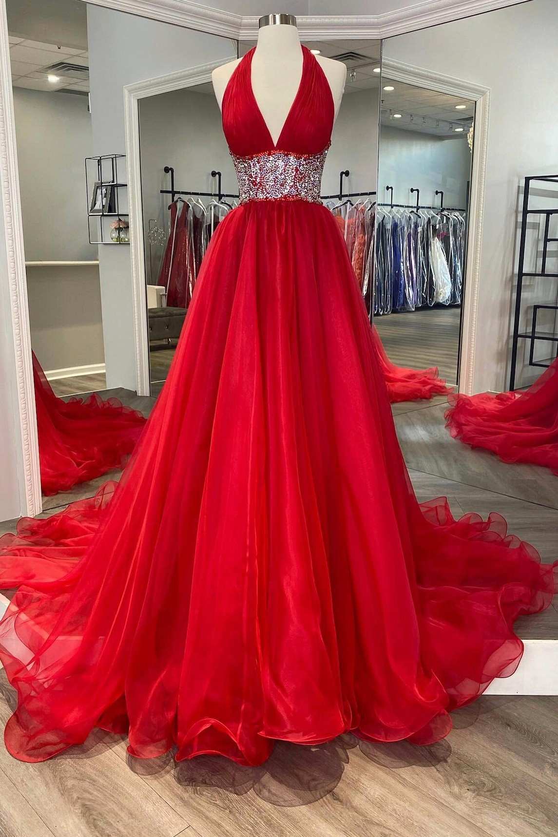 Red Prom Dress Beaded Halter Backless A Line Prom Dress Long Evening Dress