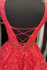 Red Prom Dress Crew Neck Tulle Lace Long Formal Gown Evening Dress