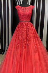 Red Prom Dress Crew Neck Tulle Lace Long Formal Gown Evening Dress