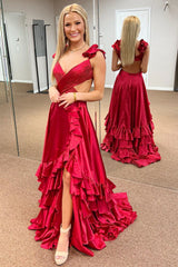 Red Prom Dress Cutout A Line Ruffle Long Elegant Evening Dress with Split
