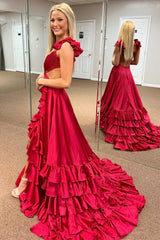 Red Prom Dress Cutout A Line Ruffle Long Elegant Evening Dress with Split