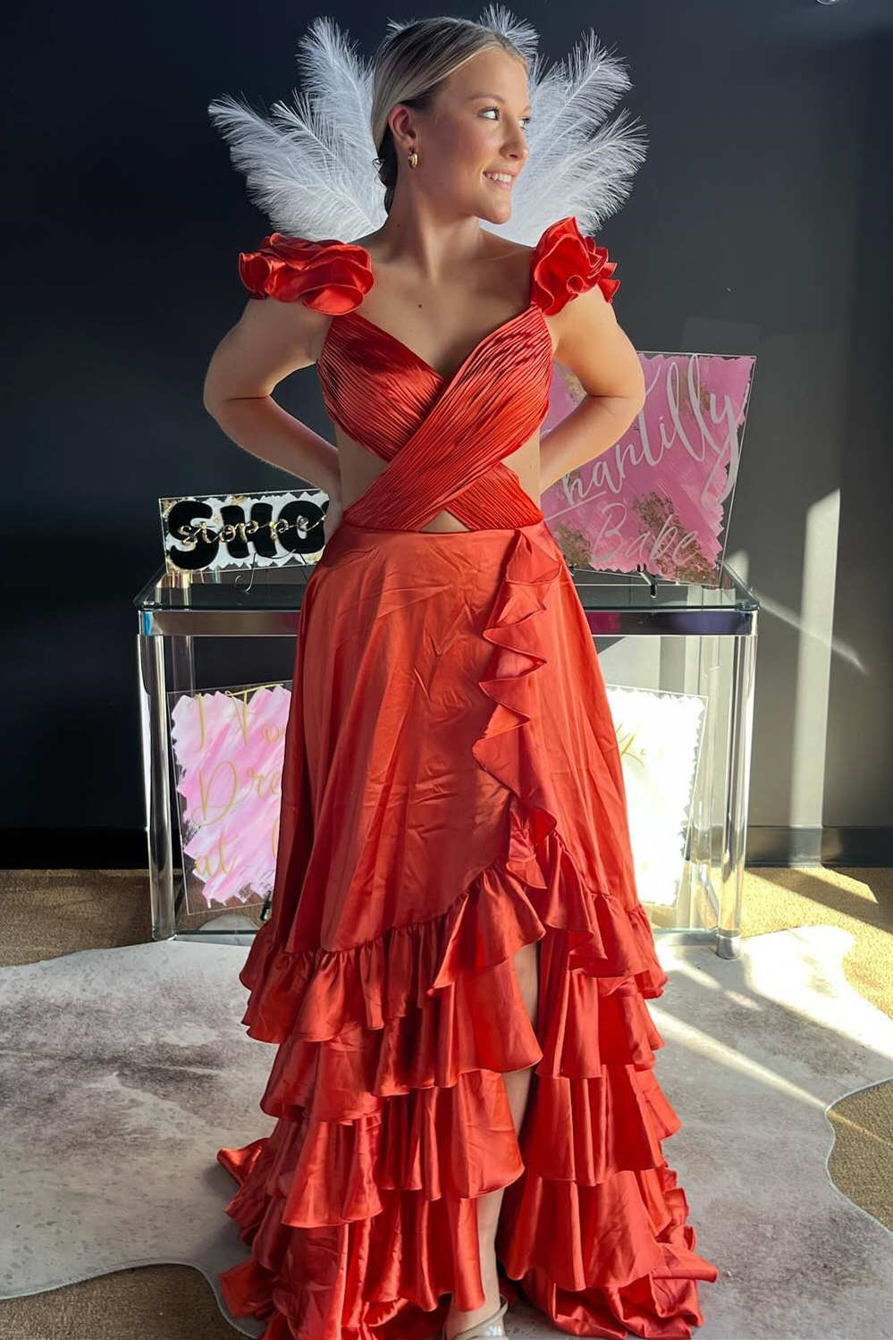 Red Prom Dress Cutout A Line Ruffle Long Elegant Evening Dress with Split