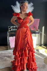 Red Prom Dress Cutout A Line Ruffle Long Elegant Evening Dress with Split