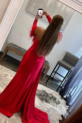 Red Prom Dress Detachable Long Sleeves Long Evening Dress with Feathers