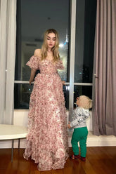 Red Prom Dress Floral Off the Shoulder Long Evening Dress