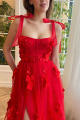 Red Prom Dress Lace 3D Flower Long Evening Dress With Split