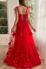 Red Prom Dress Lace 3D Flower Long Evening Dress With Split