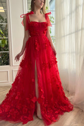Red Prom Dress Lace 3D Flower Long Evening Dress With Split