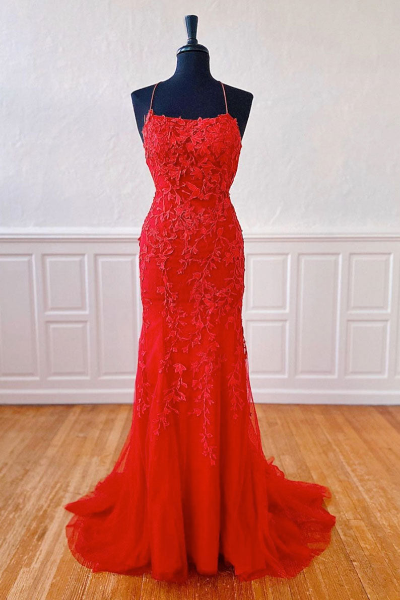 Red Prom Dress Lace Mermaid Long Formal Gown Evening Dress