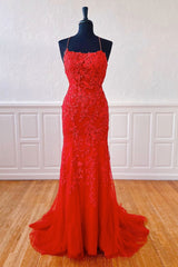 Red Prom Dress Lace Mermaid Long Formal Gown Evening Dress