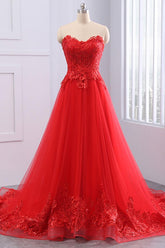 Red Prom Dress Lace Tulle Long Formal Evening Dress
