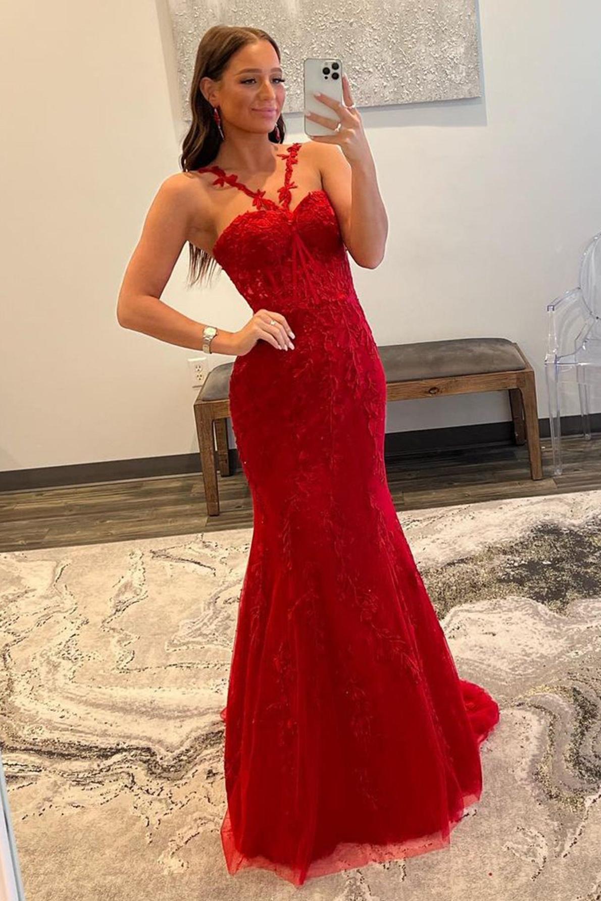 Red Prom Dress Mermaid Halter Lace Long Evening Dress